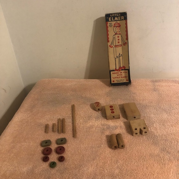 Vintage 1945 Little Elmer Wood Building Toy Missing 1 Spacer Piece With Box